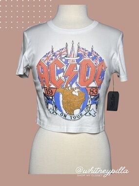 Junk Food Clothing AC/DC 1983 On Tour White Graphic Cropped Baby Tee